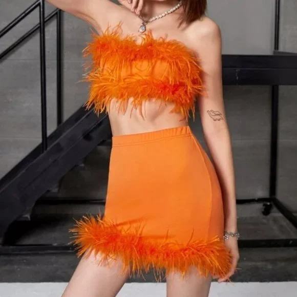 Feather trimmed Mini Skirt and Crop top Orange - Picture 1 of 6
